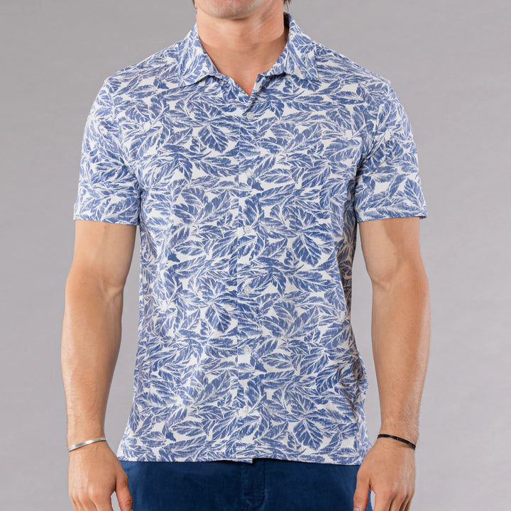 Michael's Men's Printed Pima Cotton / Stretch Full Button Front Shirt - Leaves Navy Blue