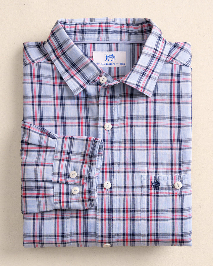 Southern Tide Benton Plaid Double Cloth Heather Sportshirt: Heather Cerulean