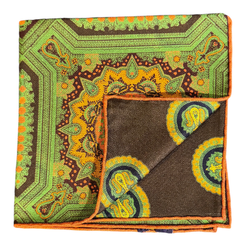 Seaward and Stearn Medallions Reversible Panama Silk Pocket Square: Brown, Orange, and Lime