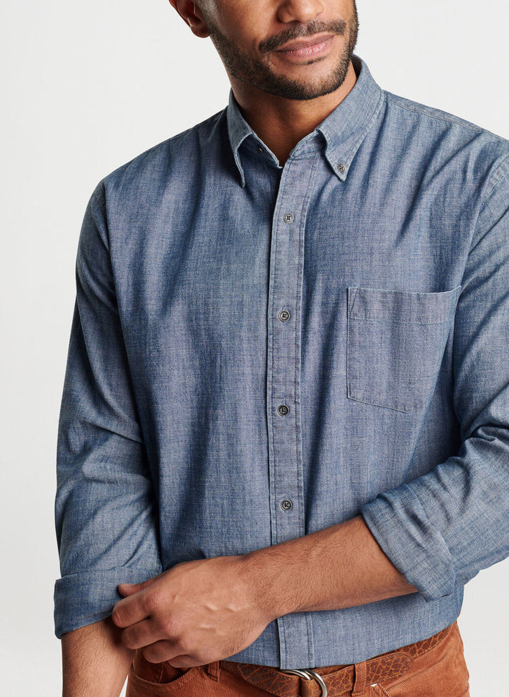 Peter Millar Tamworth Chambray Cotton-Stretch Sport Shirt: Indigo