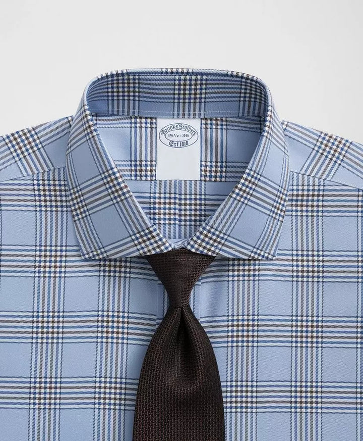 Brooks Brothers Regular Fit Stretch Supima® Cotton Non-Iron English Spread Collar, Bold Plaid Dress Shirt: Light Blue