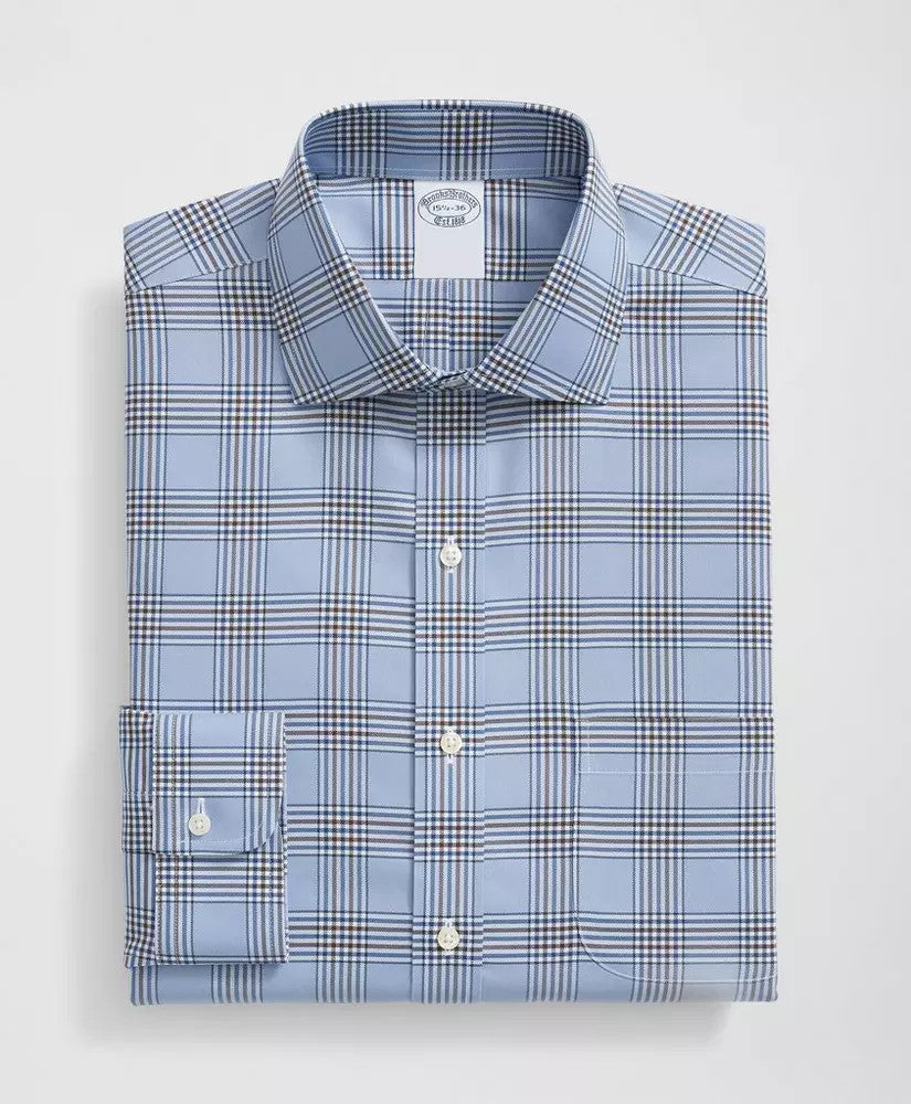 Brooks Brothers Regular Fit Stretch Supima® Cotton Non-Iron English Spread Collar, Bold Plaid Dress Shirt: Light Blue