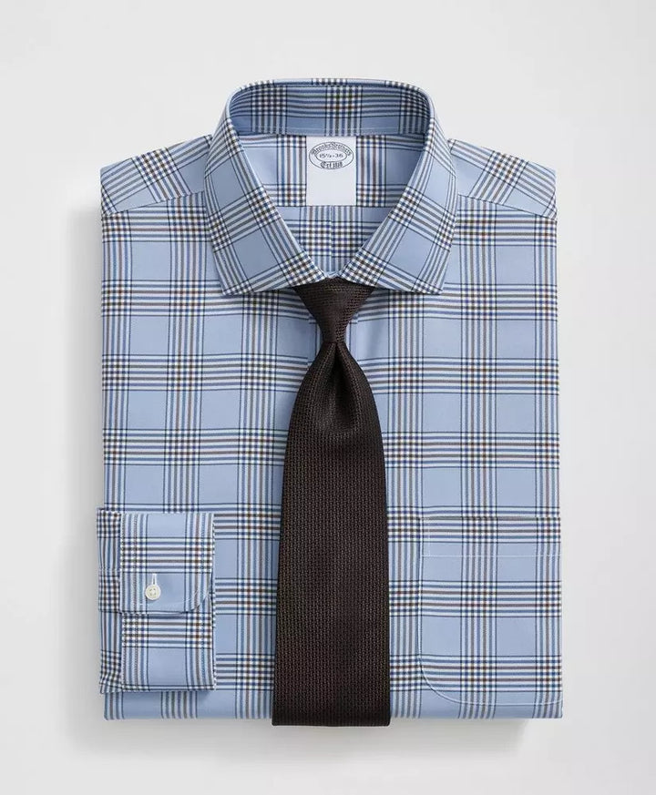 Brooks Brothers Regular Fit Stretch Supima® Cotton Non-Iron English Spread Collar, Bold Plaid Dress Shirt: Light Blue