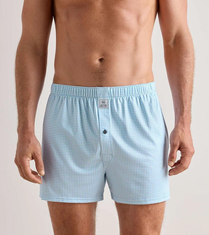 Peter Millar Nebraska Printed Gingham Check Stretch Jersey Boxer: Cottage Blue