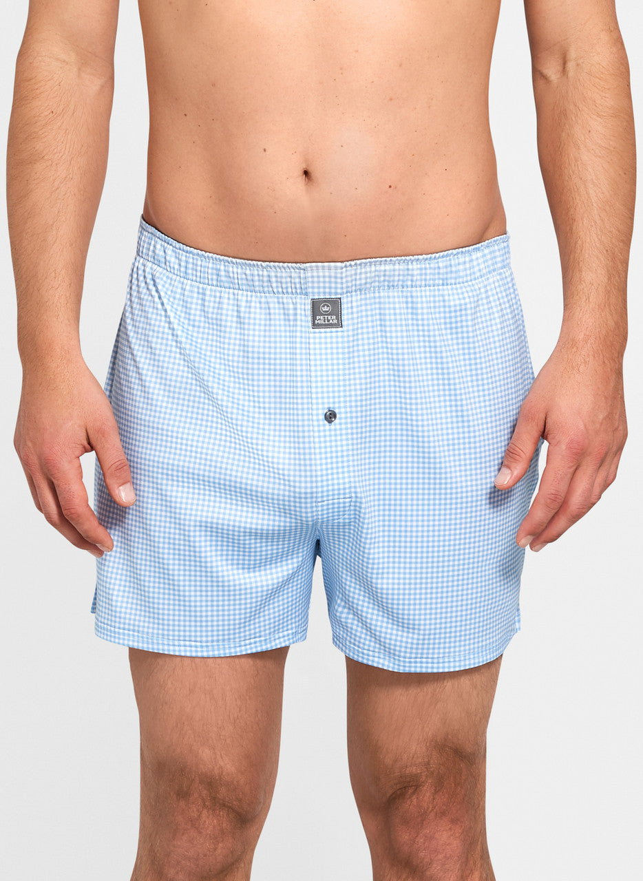 Peter Millar Nebraska Printed Gingham Check Stretch Jersey Boxer: Cottage Blue