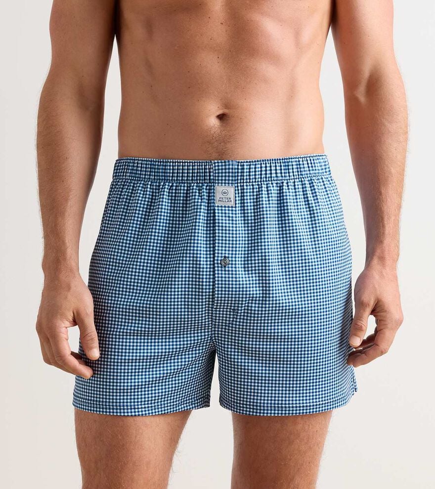 Peter Millar Nebraska Printed Gingham Check Stretch Jersey Boxer: Navy