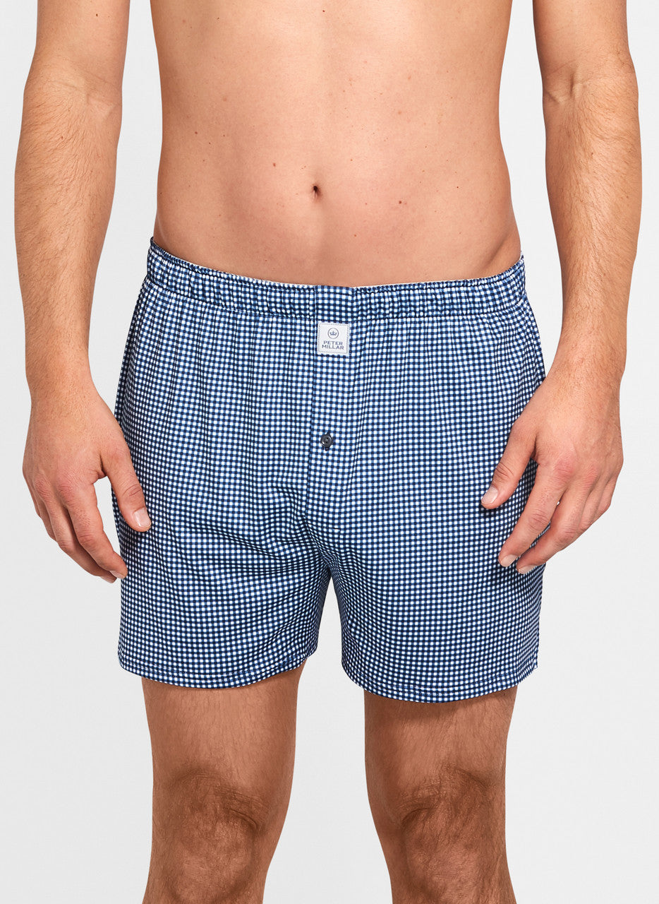 Peter Millar Nebraska Printed Gingham Check Stretch Jersey Boxer - Navy