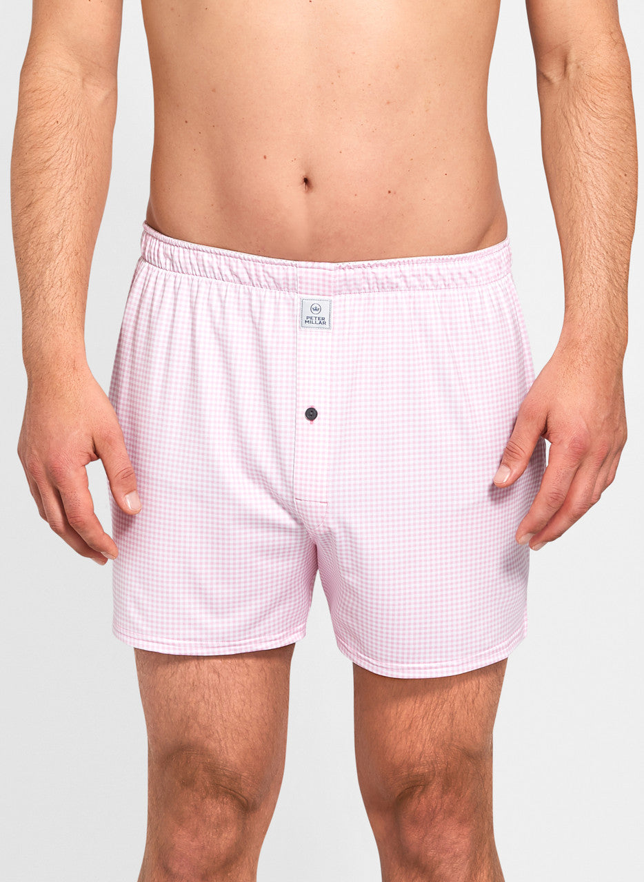 Peter Millar Nebraska Printed Gingham Check Stretch Jersey Boxer - Palmer Pink