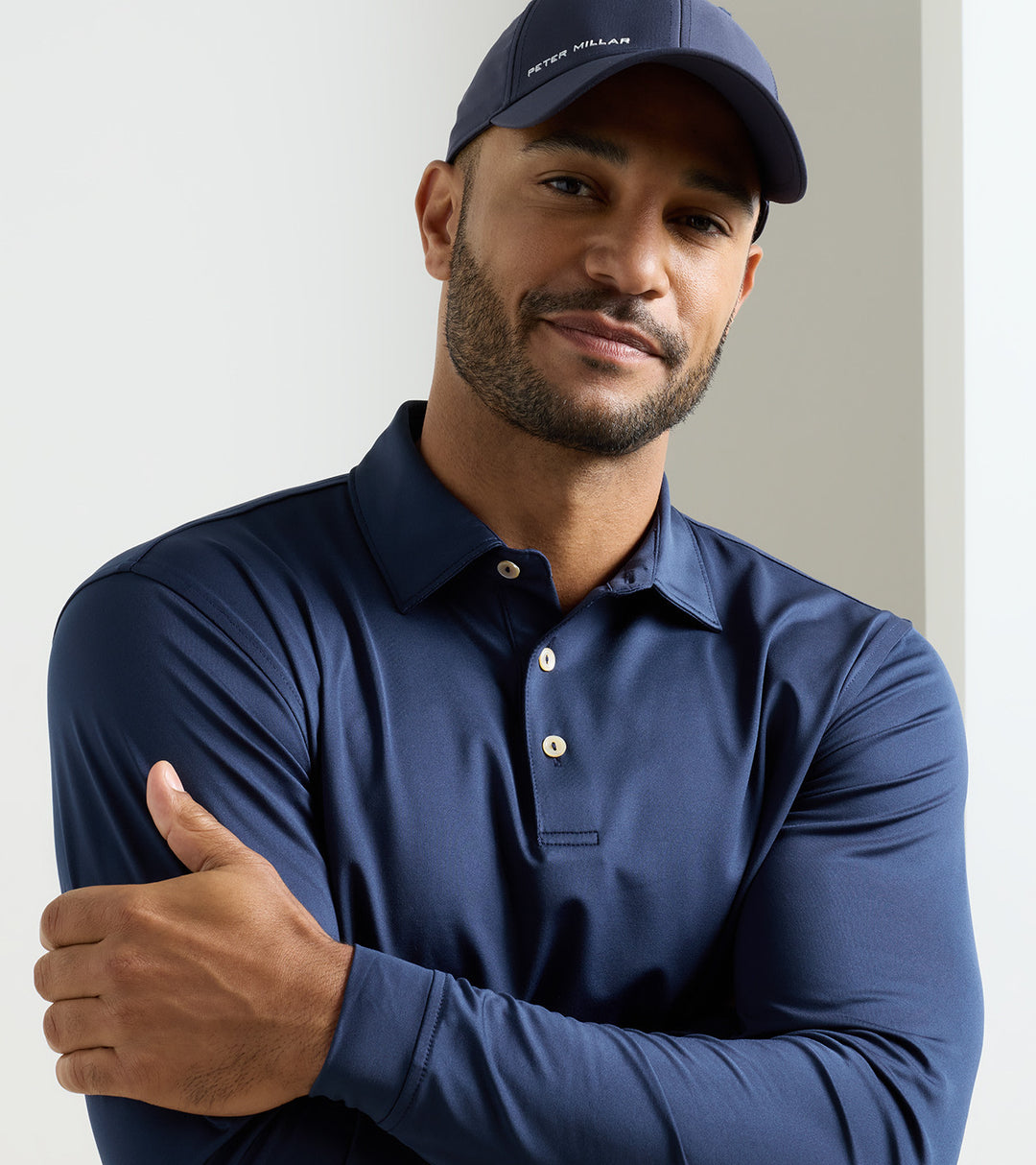 Peter Millar Solid Stretch Jersey Long Sleeve Polo: Navy