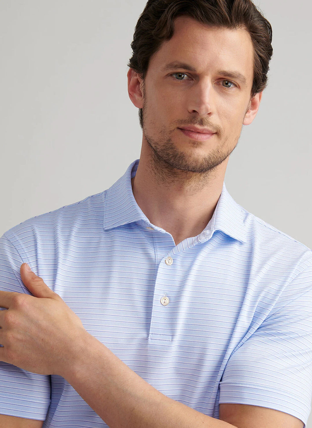 Peter Millar Daven Performance Jersey Polo: White/Cottage Blue