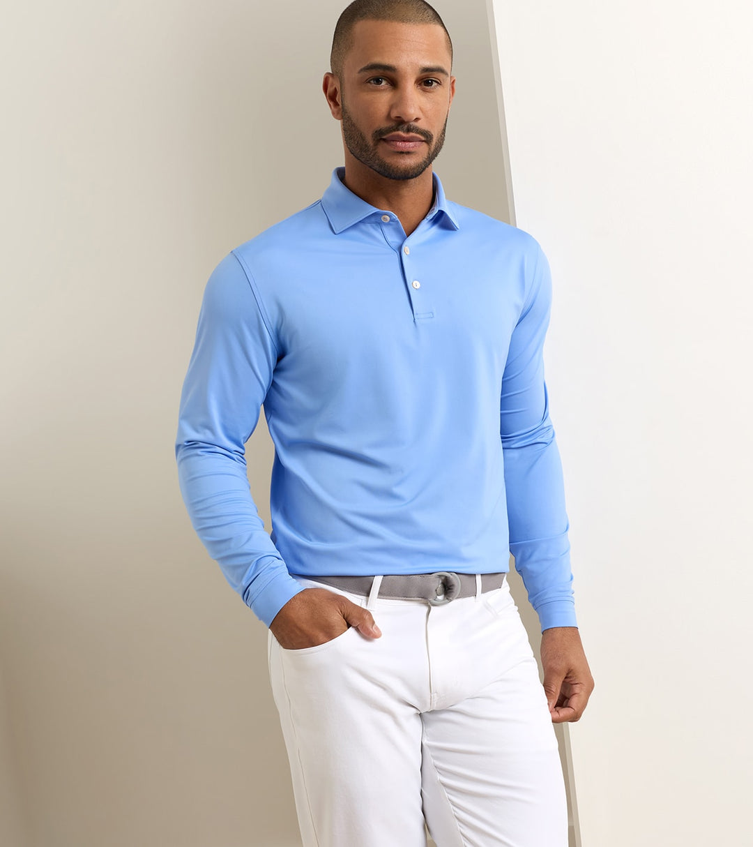 Peter Millar Solid Stretch Jersey Long Sleeve Polo: Estate Blue