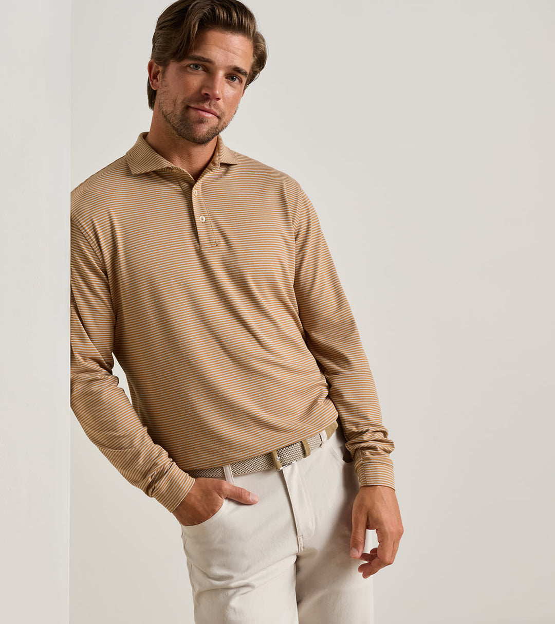 Peter Millar Lyons Stripe Performance Jersey Long-Sleeve Polo: Dark Amber