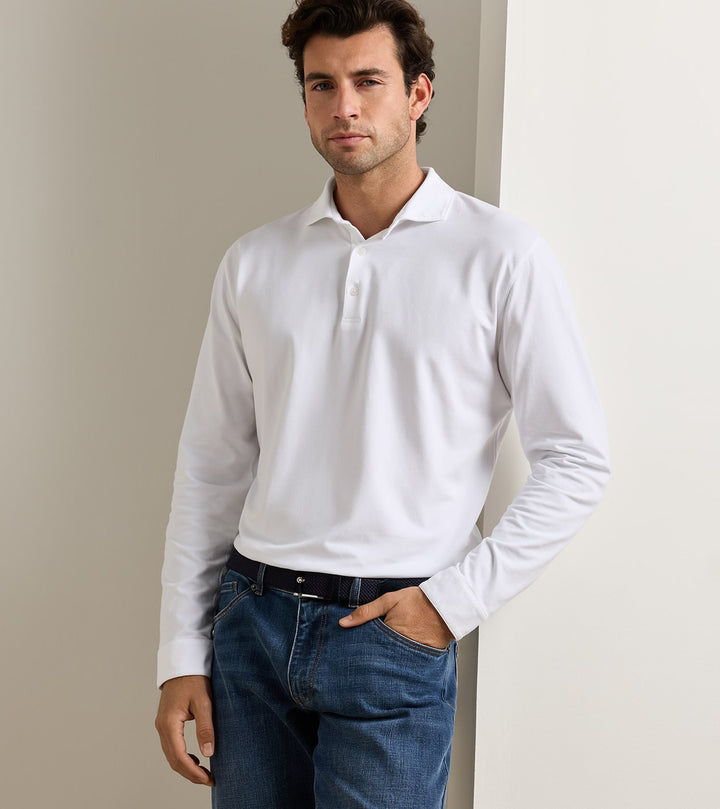 Peter Millar Crown Flex Cotton Long-Sleeve Polo: White