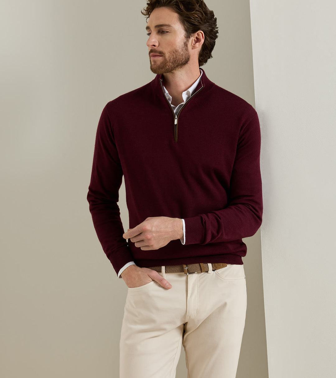 Peter Millar Autumn Crest Suede Trim Quarter-Zip: Bordeaux