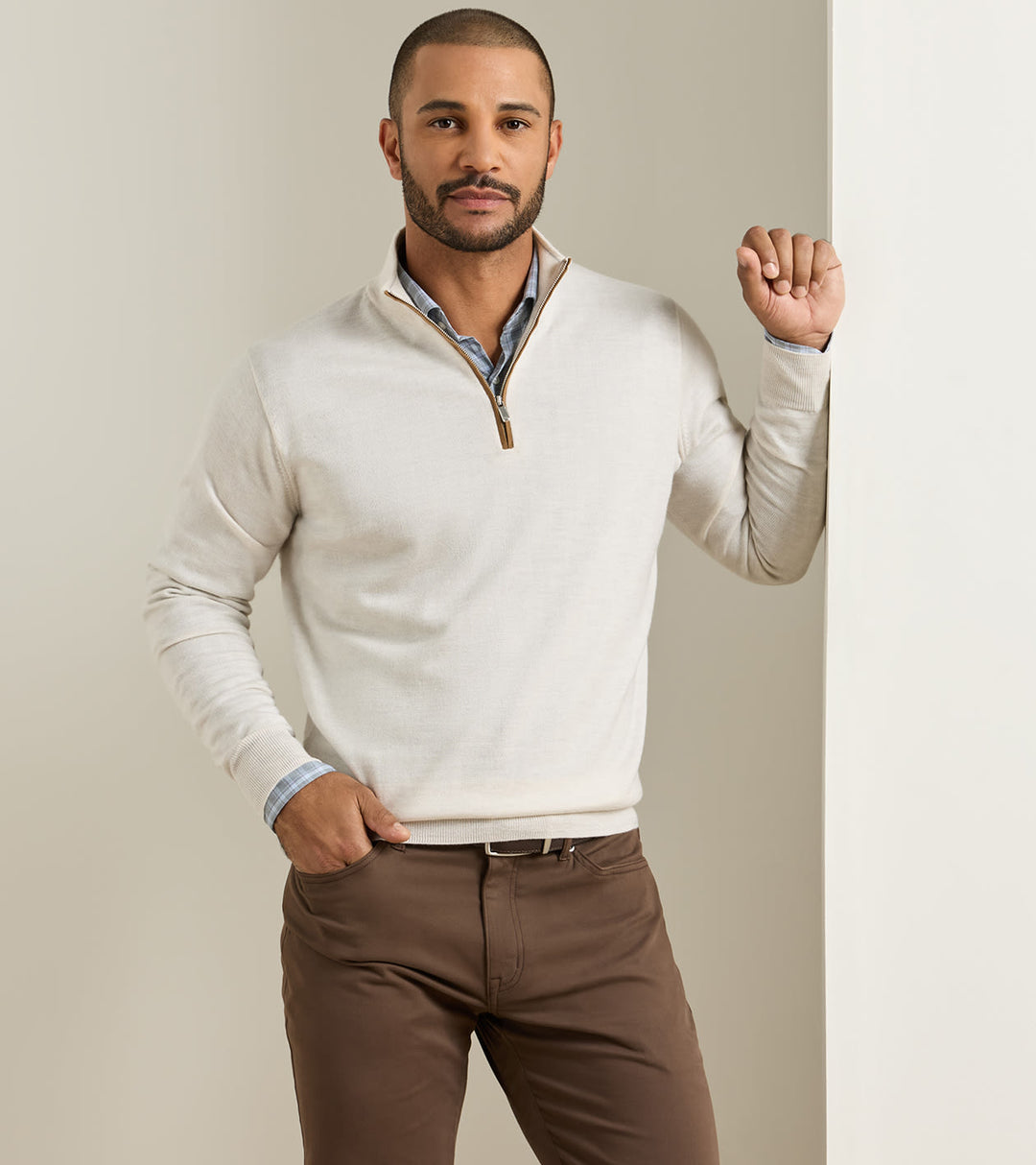 Peter Millar Autumn Crest Suede Trim Quarter-Zip: Ivory