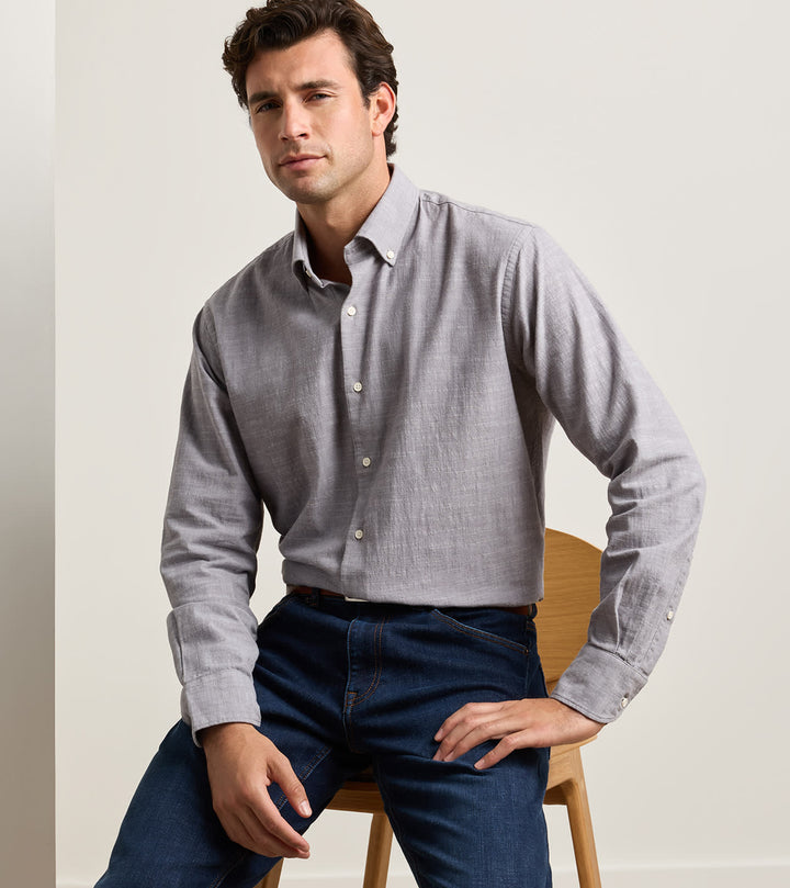 Peter Millar Devonport Chambray Cotton-Stretch Sport Shirt: Gale Grey