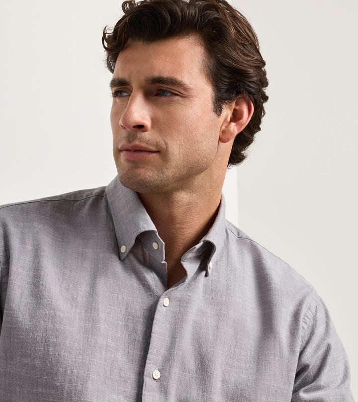 Peter Millar Devonport Chambray Cotton-Stretch Sport Shirt: Gale Grey
