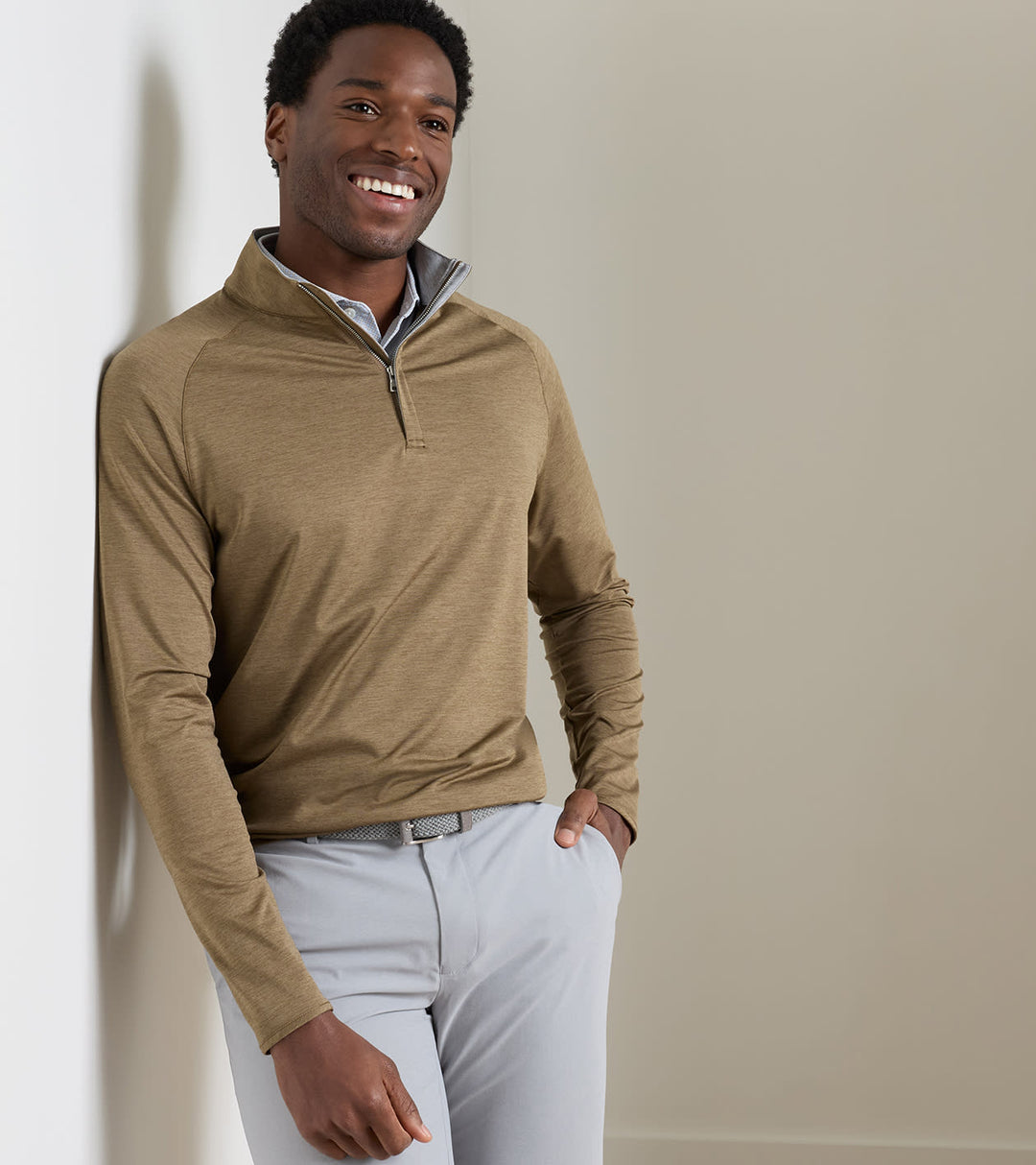 Peter Millar Stealth Performance Quarter-Zip: Light Mocha
