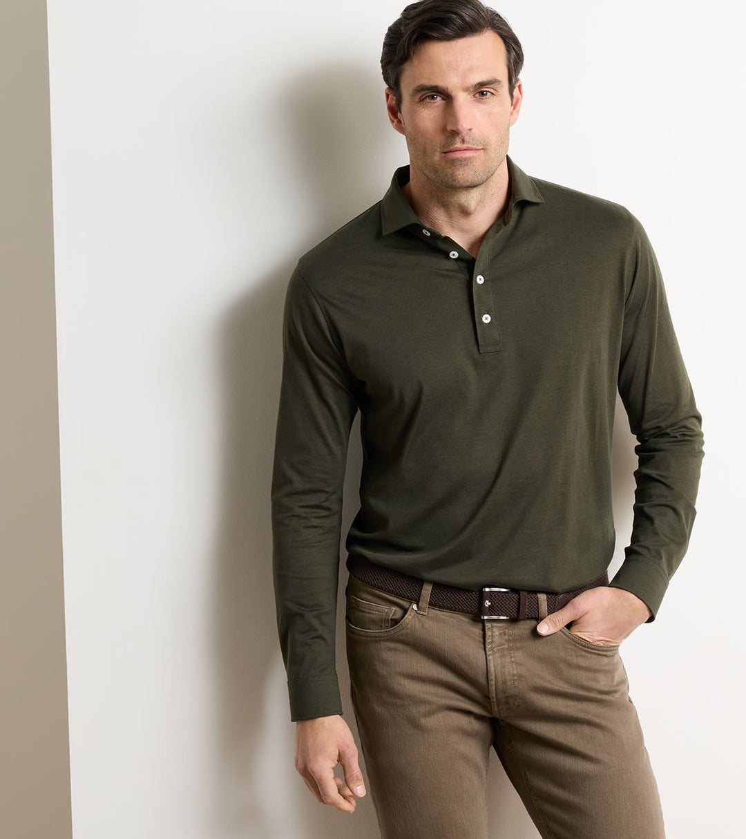 Peter Millar Ashby Silk Cotton Longsleeve Polo: Dark Olive