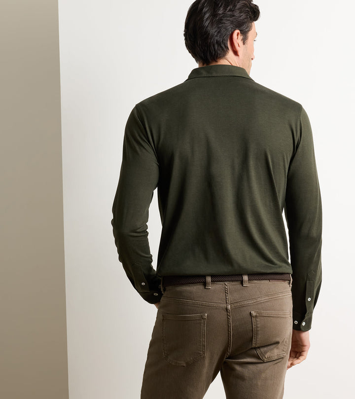 Peter Millar Ashby Silk Cotton Longsleeve Polo: Dark Olive