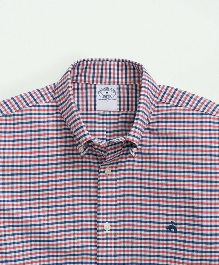 Brooks Brothers Stretch Cotton Non-Iron Oxford Polo Button-Down Collar Gingham Shirt: Red