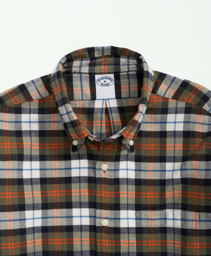 Brooks Brothers Portuguese Flannel Polo Button Down Collar Plaid Shirt: Olive