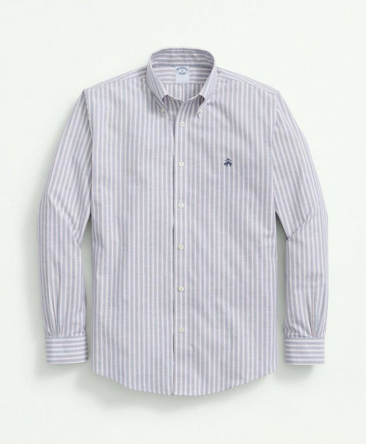 Brooks Brothers Stretch Cotton Non-Iron Oxford Polo Button-Down Collar Outline Striped Shirt: Navy