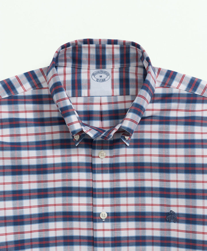 Brooks Brothers Stretch Non-Iron Oxford Polo Button-Down Collar, Checked Shirt: Navy