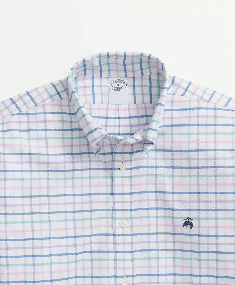 Brooks Brothers Stretch Cotton Non-Iron Oxford Polo Button Down Collar, Multi Windowpane Shirt: Pink