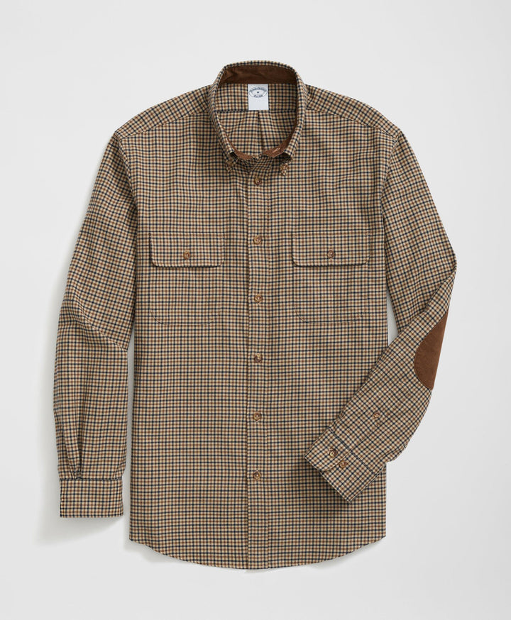 Brooks Brothers Regular Fit Cotton-Cashmere Sport Shirt in Checked Flannel: Khaki