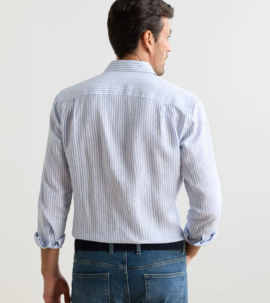 Peter Millar Astino Lino Stripe Sport Shirt: Blue Frost