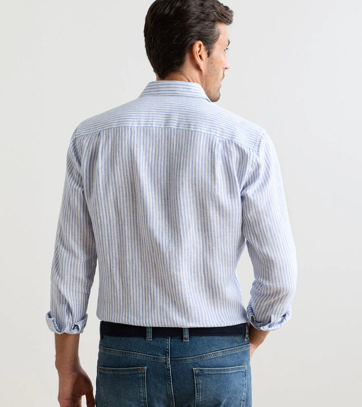 Peter Millar Astino Lino Stripe Sport Shirt: Blue Frost