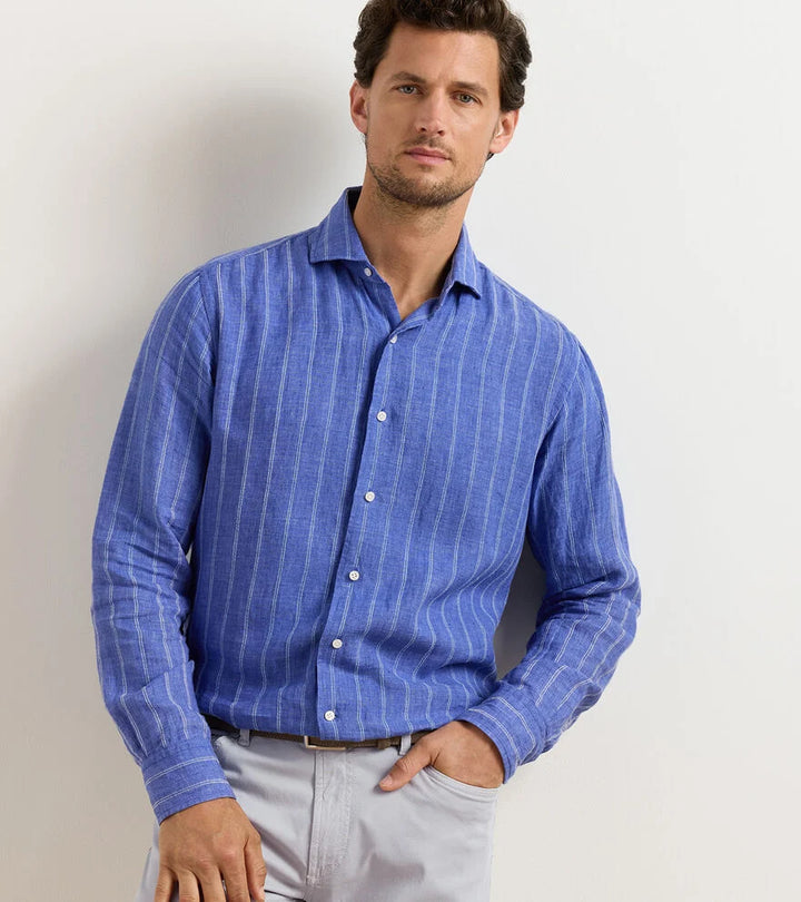 Peter Millar Astino Lino Pencil Stripe Sport Shirt: Dusk Blue