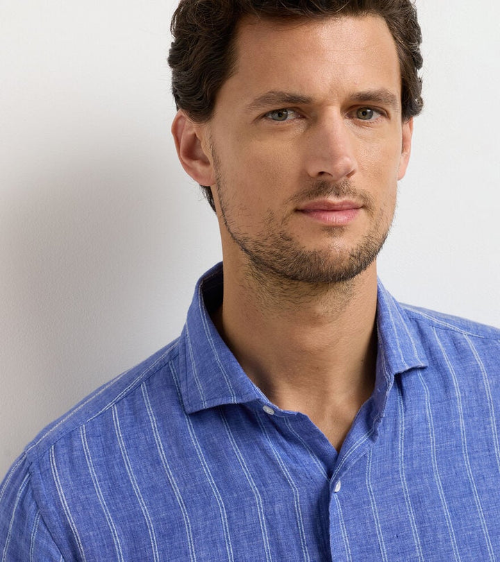 Peter Millar Astino Lino Pencil Stripe Sport Shirt: Dusk Blue