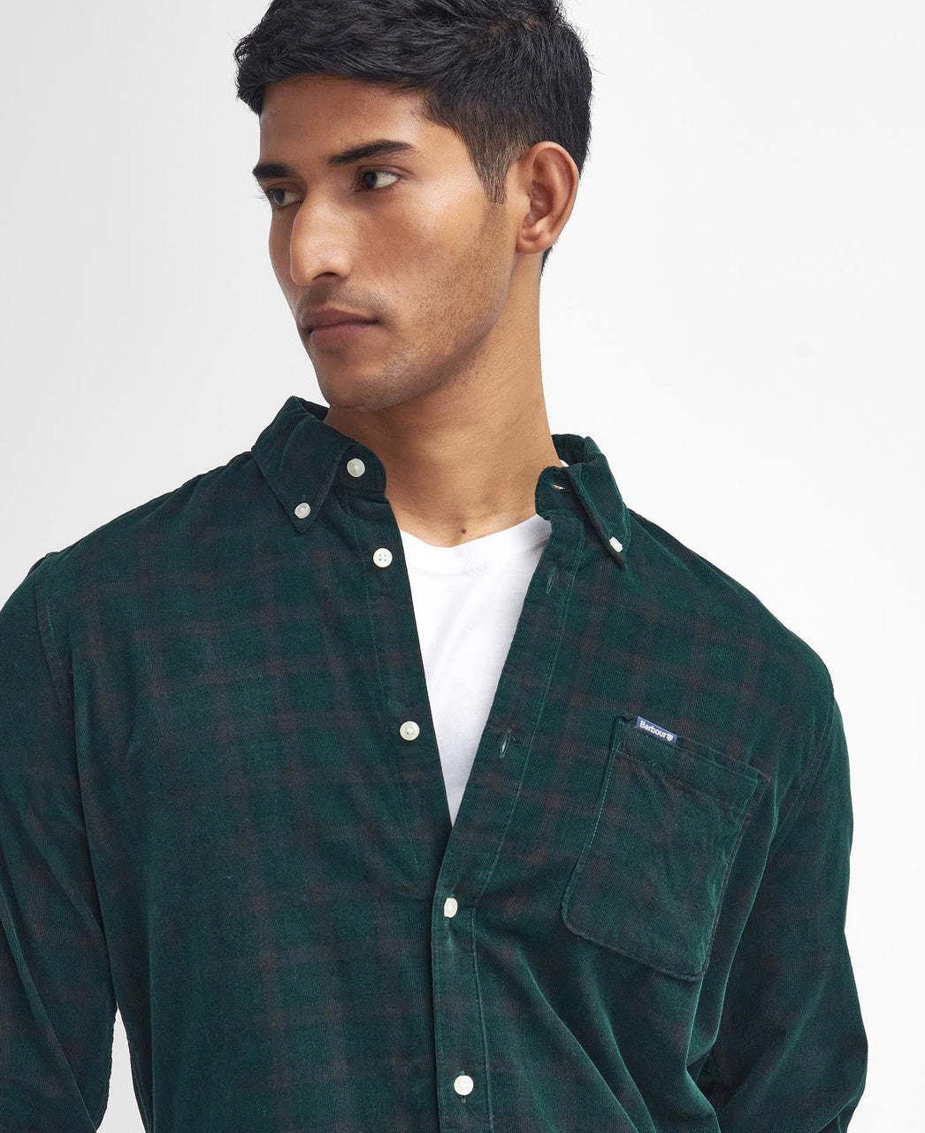 Barbour Harthill Tailored Long Sleeved Cord Shirt: Evergreen