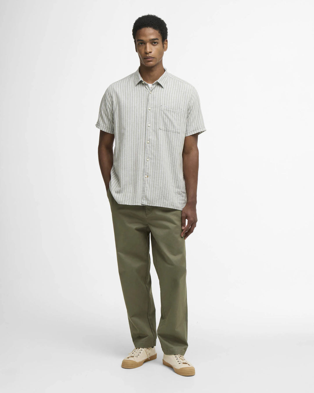 Barbour Nelson Striped Short-Sleeved Shirt: Bleached Olive