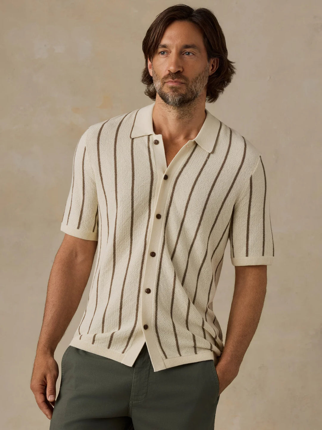 Faherty Short-Sleeve Sweater Shirt - Cream Walnut Stripe