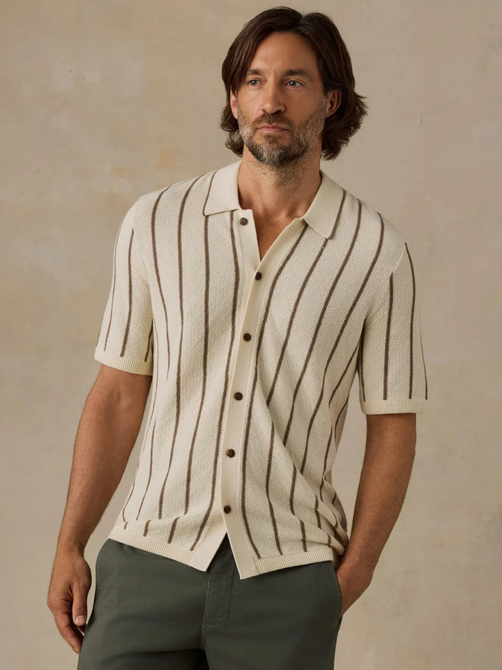 Faherty Short-Sleeve Sweater Shirt - Cream Walnut Stripe