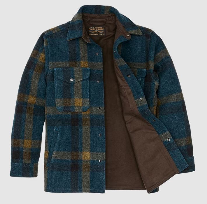 Filson Lined Mackinaw Wool Jac-shirt: Teal / Ochre Plaid