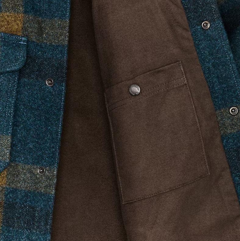 Filson Lined Mackinaw Wool Jac-shirt: Teal / Ochre Plaid