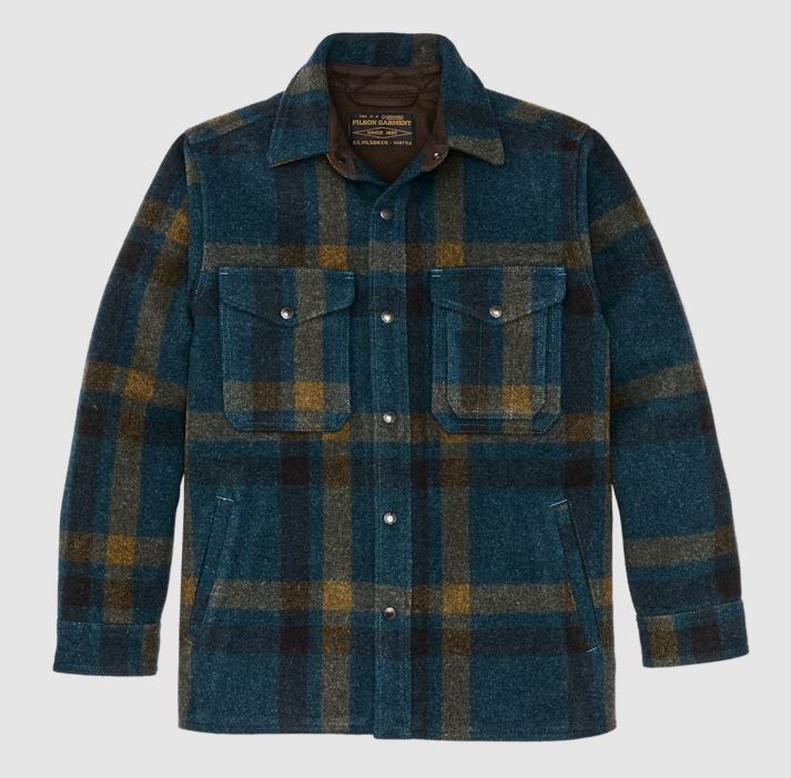 Filson Lined Mackinaw Wool Jac-shirt: Teal / Ochre Plaid