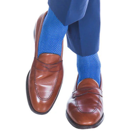 Dapper Classics Azure Blue and Clematis Blue Herringbone Mid Calf Cotton Sock