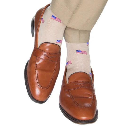 Dapper Classics Tan with American Flags Mid Calf Cotton Sock