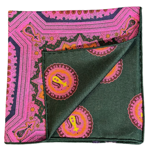 Seaward and Stearn Medallions Reversible Panama Silk Pocket Square: Magenta, Orange, and Green