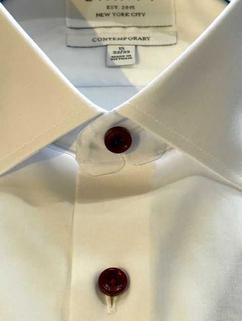 Stantt Ready To Wear White Twill Dress Shirt: Modified Spread Collar w/ Maroon Button