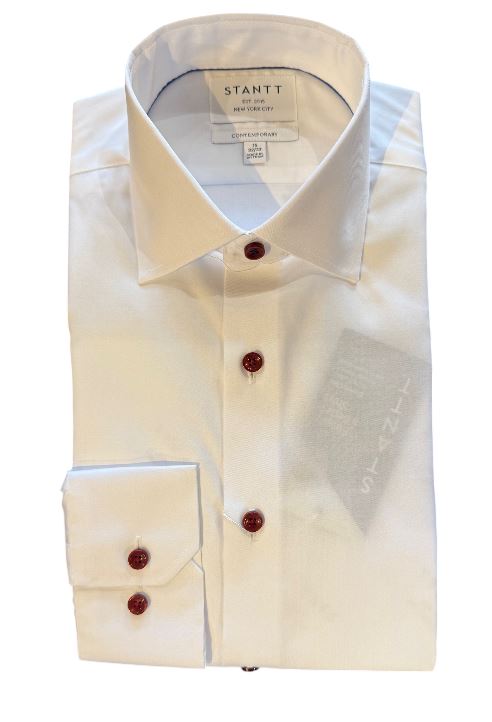 Stantt Ready To Wear White Twill Dress Shirt: Modified Spread Collar w/ Maroon Button