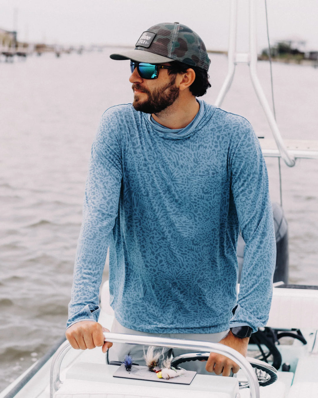 Free Fly Men's Bamboo Lightweight Hoodie: Drifter Print - Windward Blue