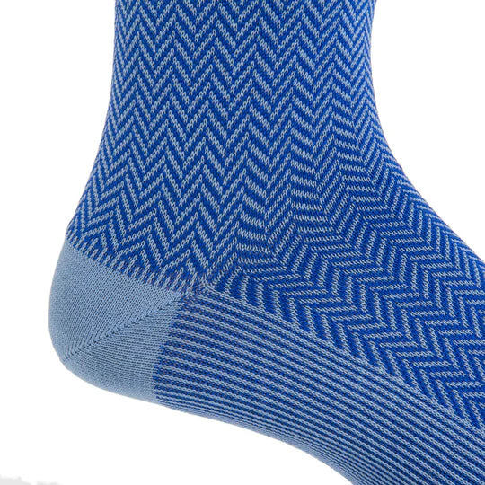 Dapper Classics Azure Blue and Clematis Blue Herringbone Mid Calf Cotton Sock