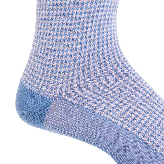 Dapper Classics Azure Blue with Pink Houndstooth Mid-Calf Cotton Sock