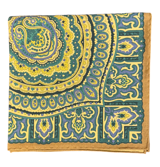 Seaward and Stearn Mustard Border Silk Pocket Square: Teal and Yellow